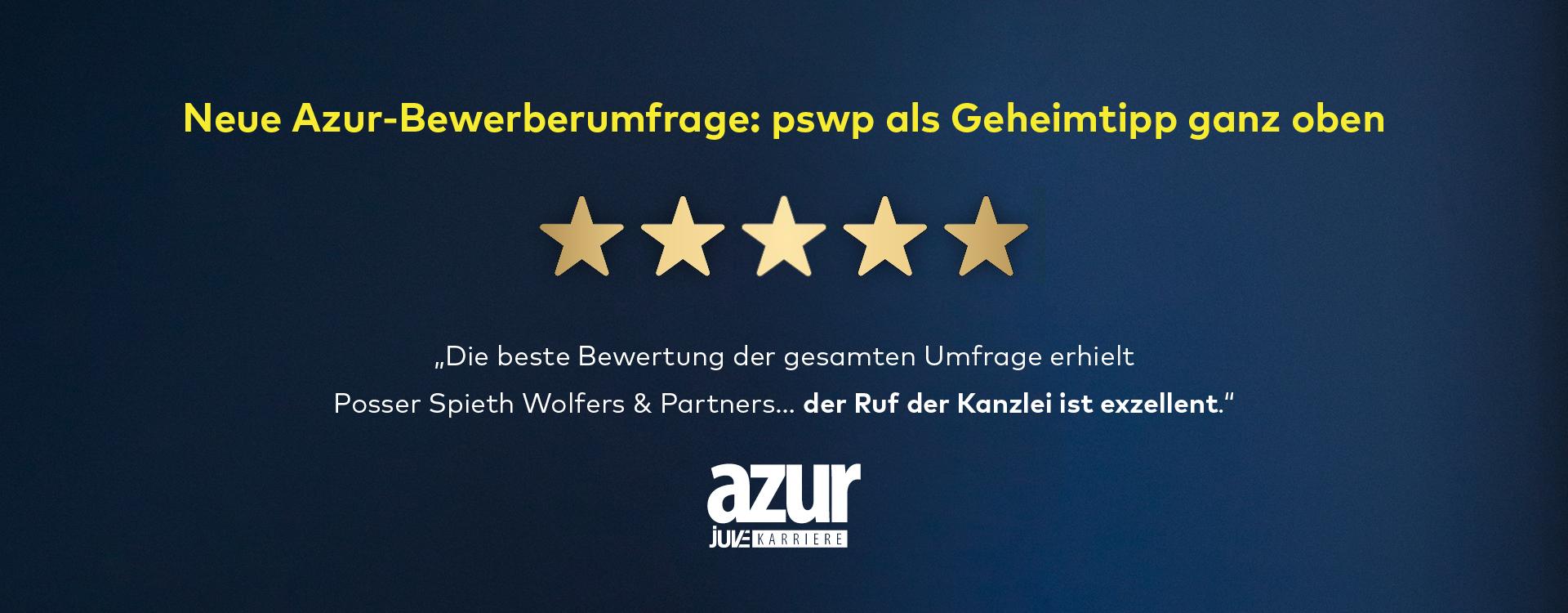 Azur-Bewerberumfrage: pswp als Geheimtipp ganz oben, mit fünf Sternen und Zitat zur exzellenten Kanzlei-Reputation.